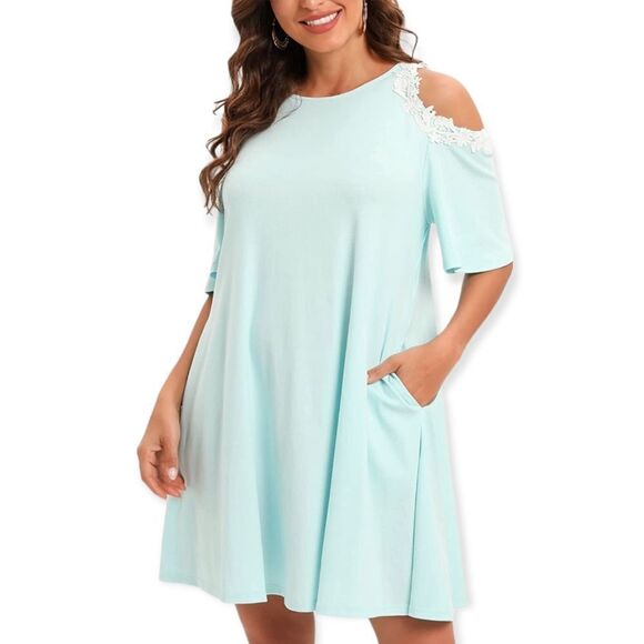 NWT Aofur Boho Chiffon Mini Dress, Cold Shoulder Crochet Lace Tunic - Picture 1 of 11